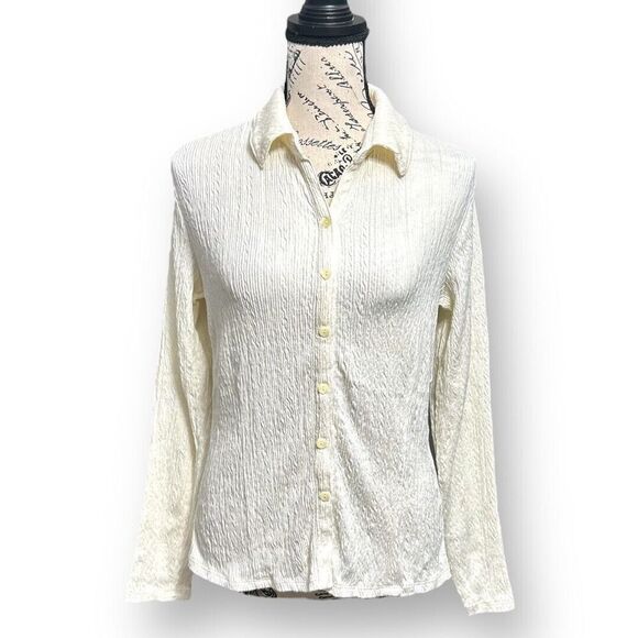 J. Jill S Ivory Stretch Button-Up Blouse Textured Long Sleeve Work Top Office - Picture 2 of 9